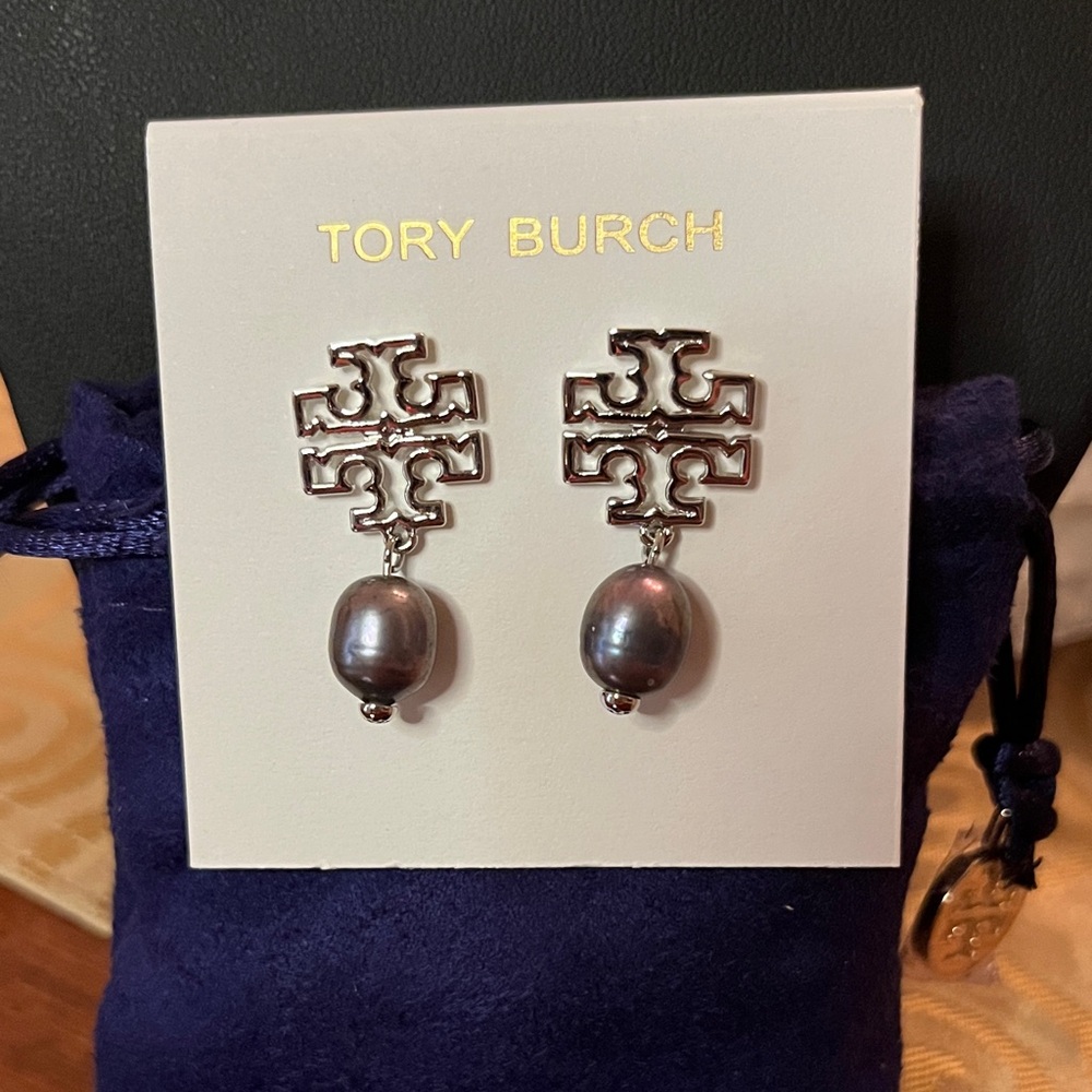 Tory Burch Britten Silver Logo Earrings with Freshwater Pearls